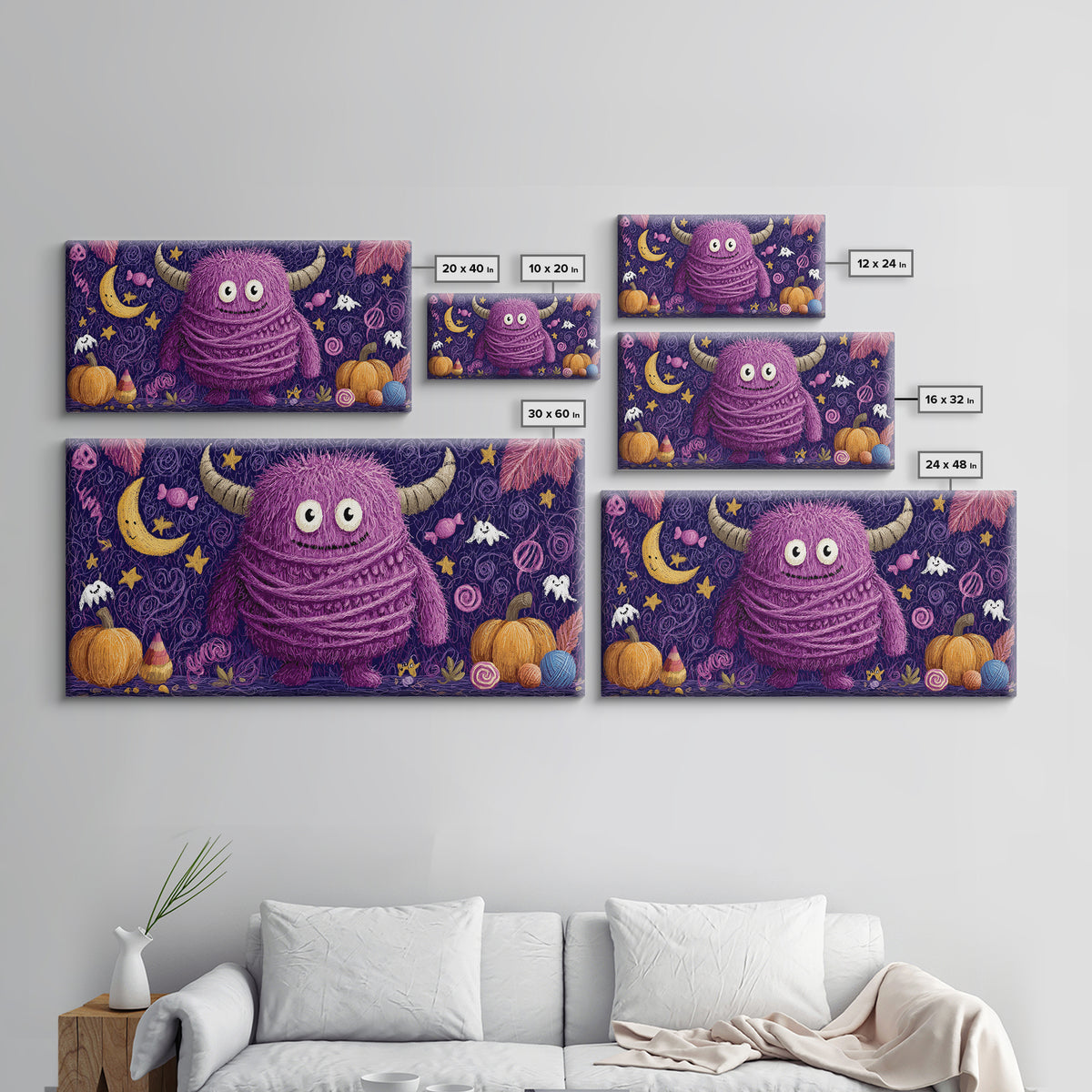 The Fuzzy Purple Monster, Crayon Halloween Art, Wide Panoramic Art, Framed Canvas Print, Cute Halloween Wall Art