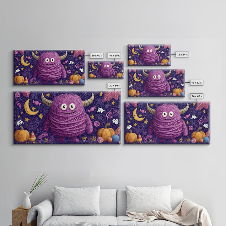The Fuzzy Purple Monster, Crayon Halloween Art, Wide Panoramic Art, Framed Canvas Print, Cute Halloween Wall Art