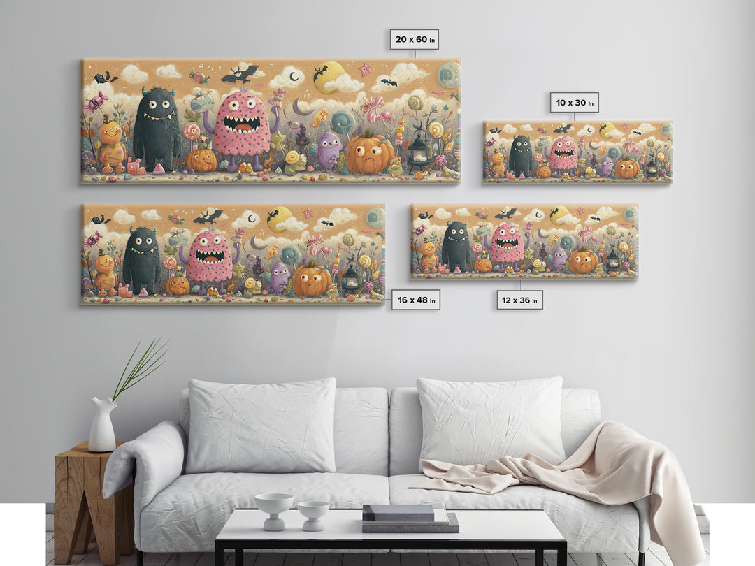 The Polka-Dot Monster, Pastel Halloween Art, Extra Wide Wall Art, Canvas Print, Cute Halloween Wall Art