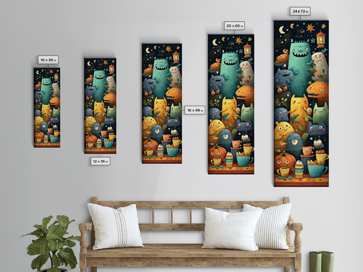 The Monster Under The Bed Tea Party, Paper Collage Halloween, Tall Narrow Wall Art, Framed Canvas Print, Cute Halloween Wall Art
