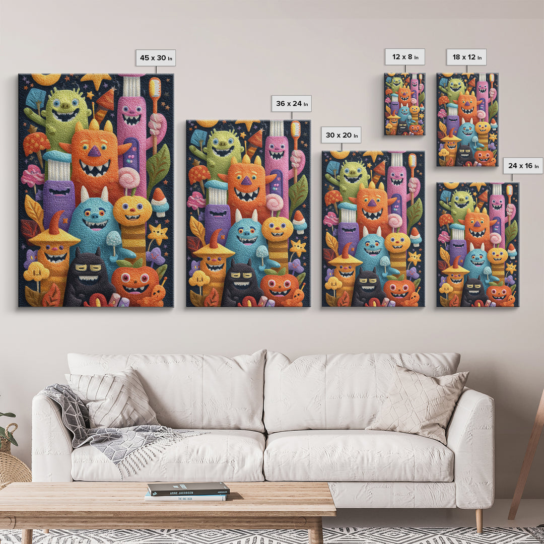 The Monster Toothbrush Club, Felt Halloween Art, Vertical Wall Art, Canvas Print, Cute Halloween Wall Art