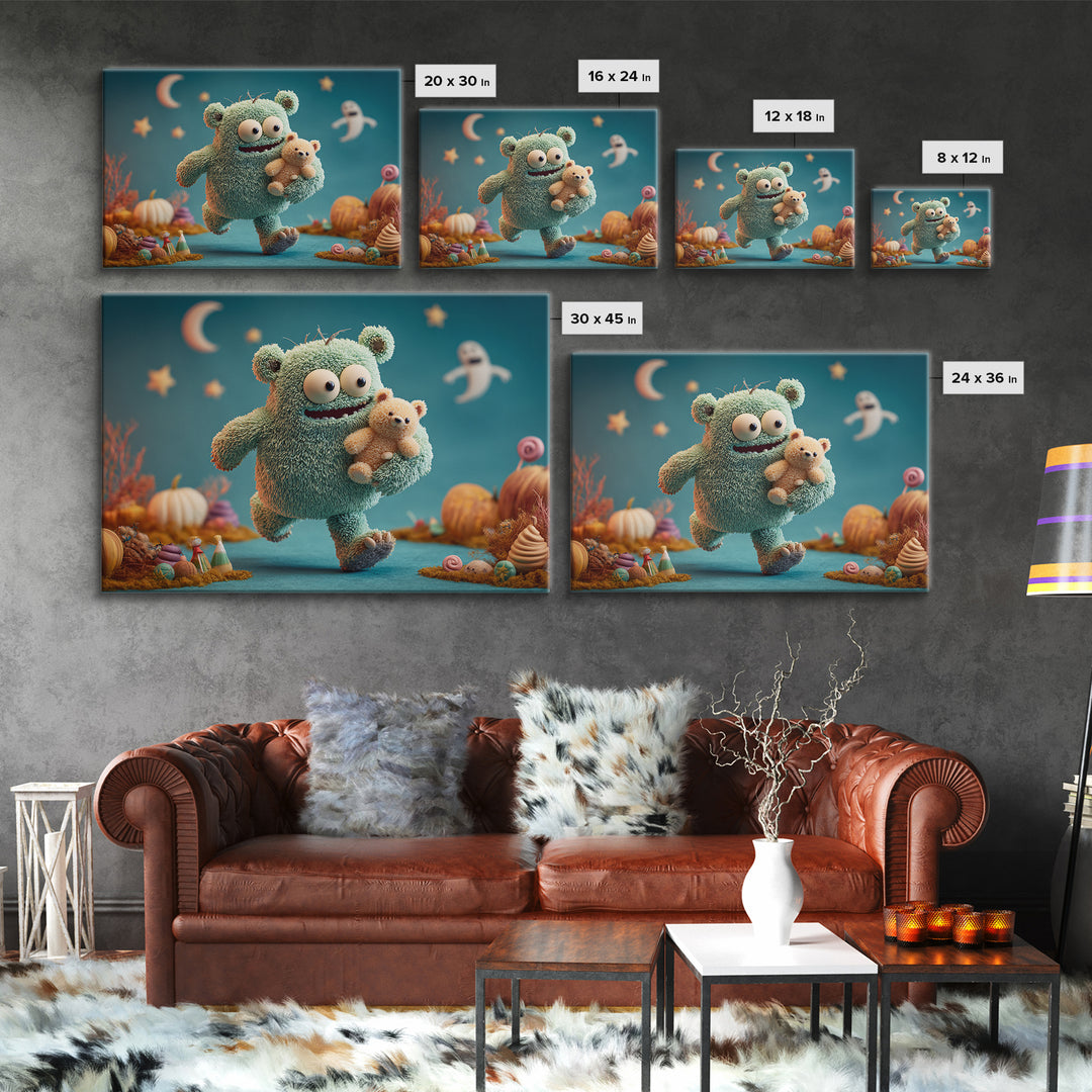 The Three-Eyed Teddy Monster, Clay Halloween Art, Landscape Wall Art, Framed Canvas Print, Cute Halloween Wall Art
