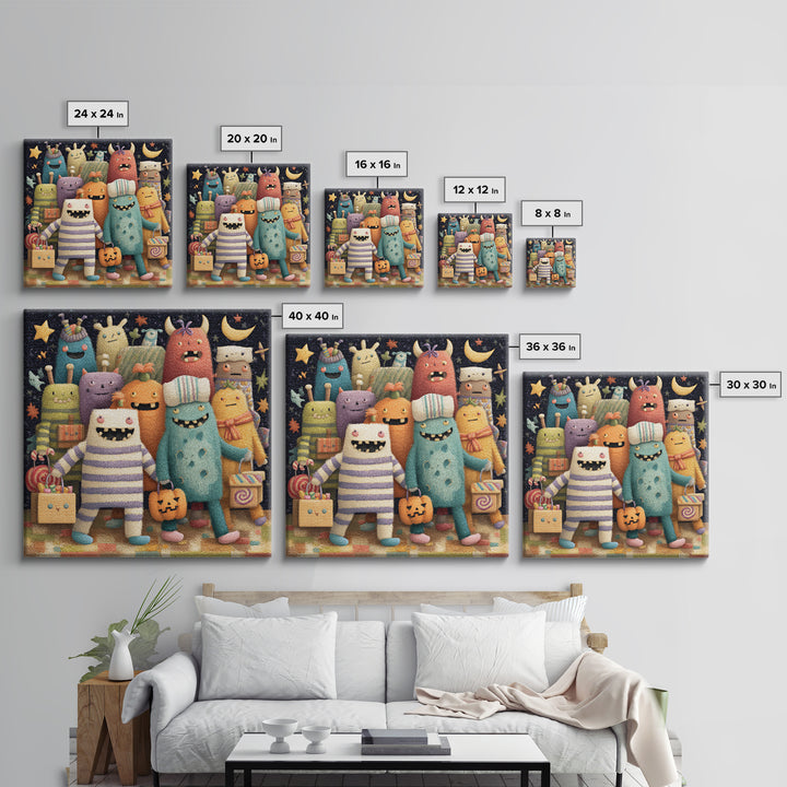 The Monster Pajama Parade, Plush Halloween Art, Square Wall Art, Canvas Print, Cute Halloween Wall Art