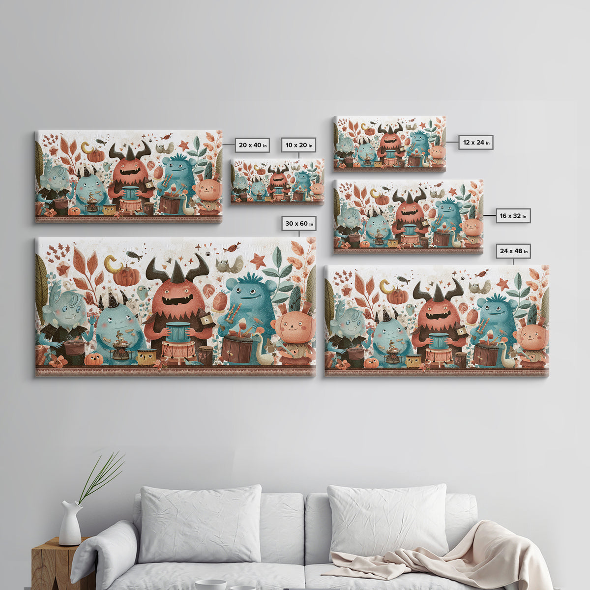 The Little Monster Orchestra, Kawaii Halloween Art, Wide Panoramic Art, Framed Canvas Print, Cute Halloween Wall Art
