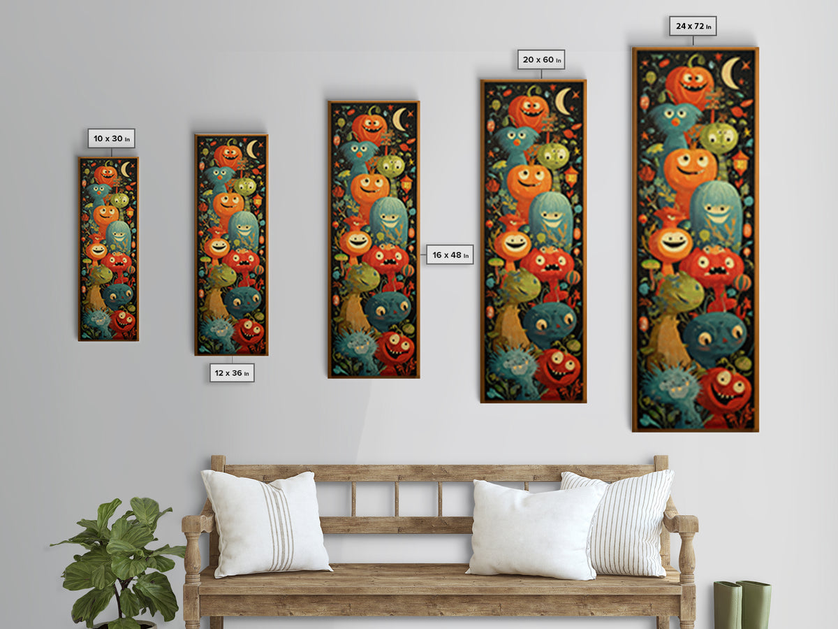 The Monster Hide-And-Seek Game, Screenprint Halloween Art, Tall Narrow Wall Art, Framed Canvas Print, Cute Halloween Wall Art