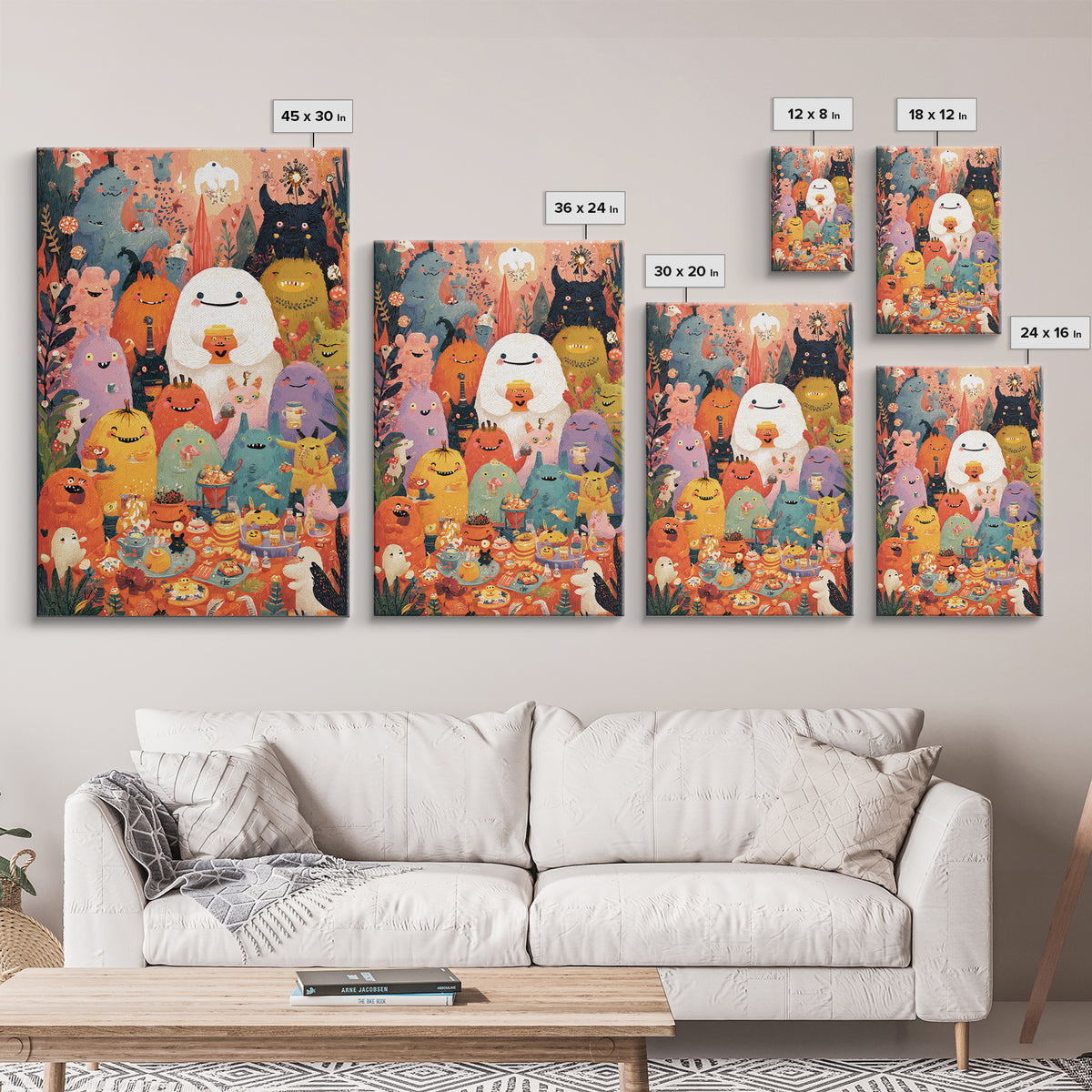 The Monster Friendship Picnic, Folk Halloween Art, Vertical Wall Art, Canvas Print, Cute Halloween Wall Art