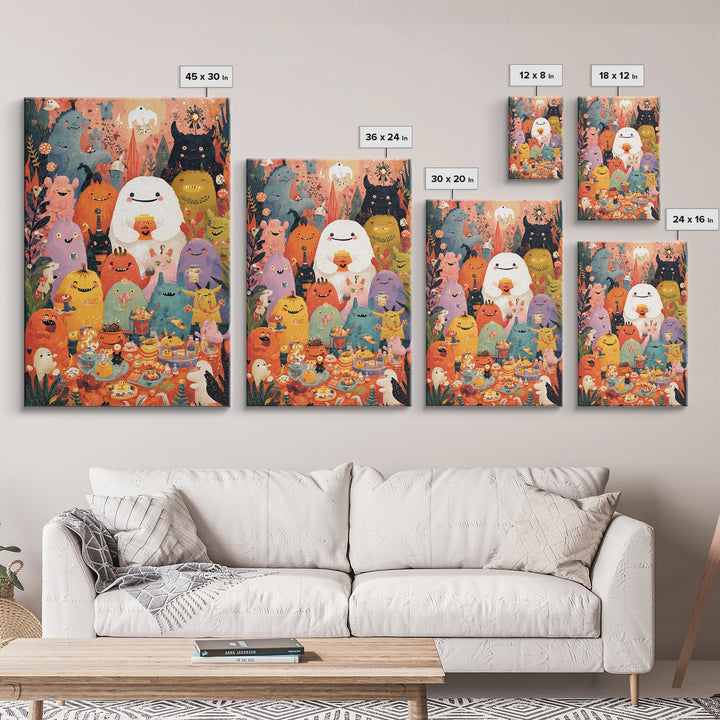 The Monster Friendship Picnic, Folk Halloween Art, Vertical Wall Art, Canvas Print, Cute Halloween Wall Art