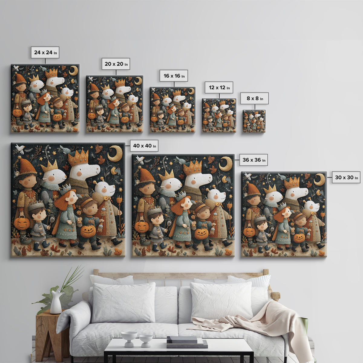 The Costume Parade, Embroidered Halloween Art, Square Wall Art, Canvas Print, Cute Halloween Wall Art