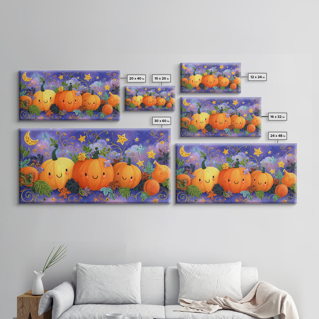 The Pumpkin Painting Party, Quilled Halloween Art, Wide Panoramic Art, Framed Canvas Print, Cute Halloween Wall Art