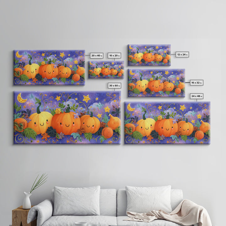 The Pumpkin Painting Party, Quilled Halloween Art, Wide Panoramic Art, Framed Canvas Print, Cute Halloween Wall Art