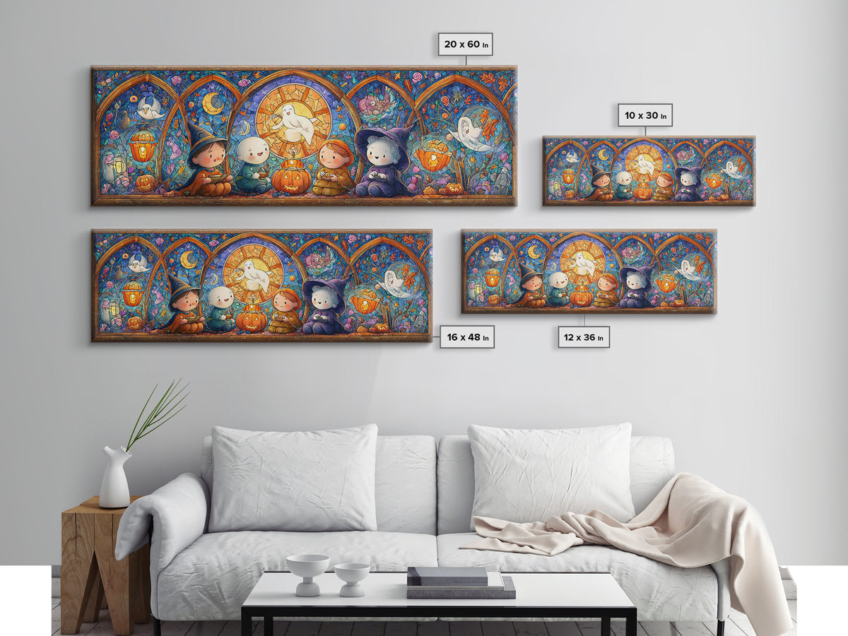 The Halloween Story Circle, Stained Glass Halloween, Extra Wide Wall Art, Canvas Print, Cute Halloween Wall Art