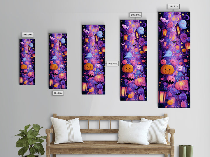 The Moonlight Dance Party, Vaporwave Halloween Art, Tall Narrow Wall Art, Framed Canvas Print, Cute Halloween Wall Art
