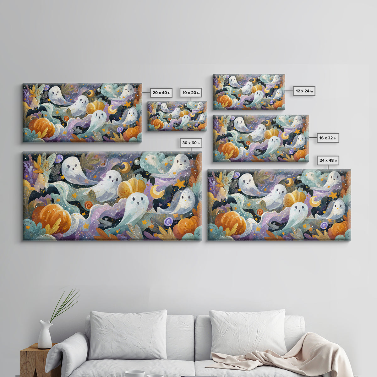 The Halloween Craft Table, Watercolor Halloween Art, Wide Panoramic Art, Framed Canvas Print, Cute Halloween Wall Art