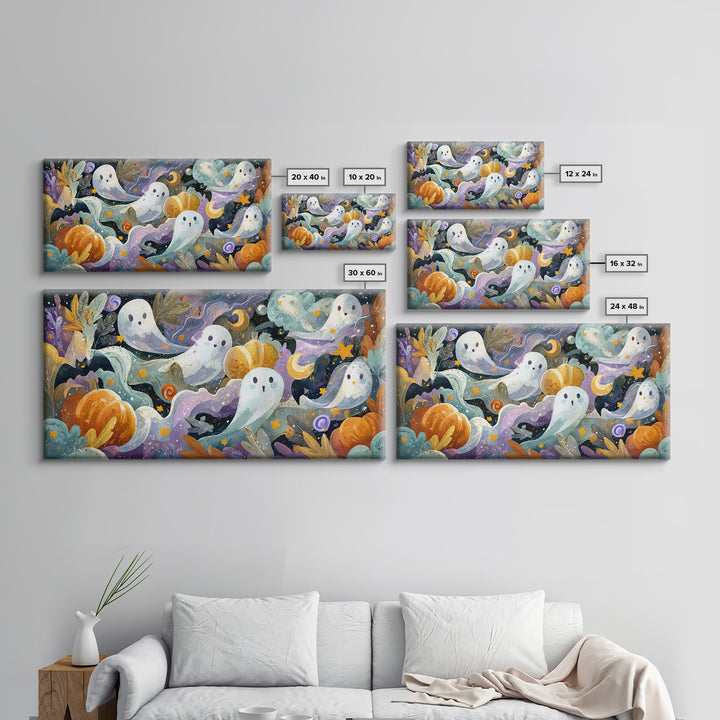 The Halloween Craft Table, Watercolor Halloween Art, Wide Panoramic Art, Framed Canvas Print, Cute Halloween Wall Art
