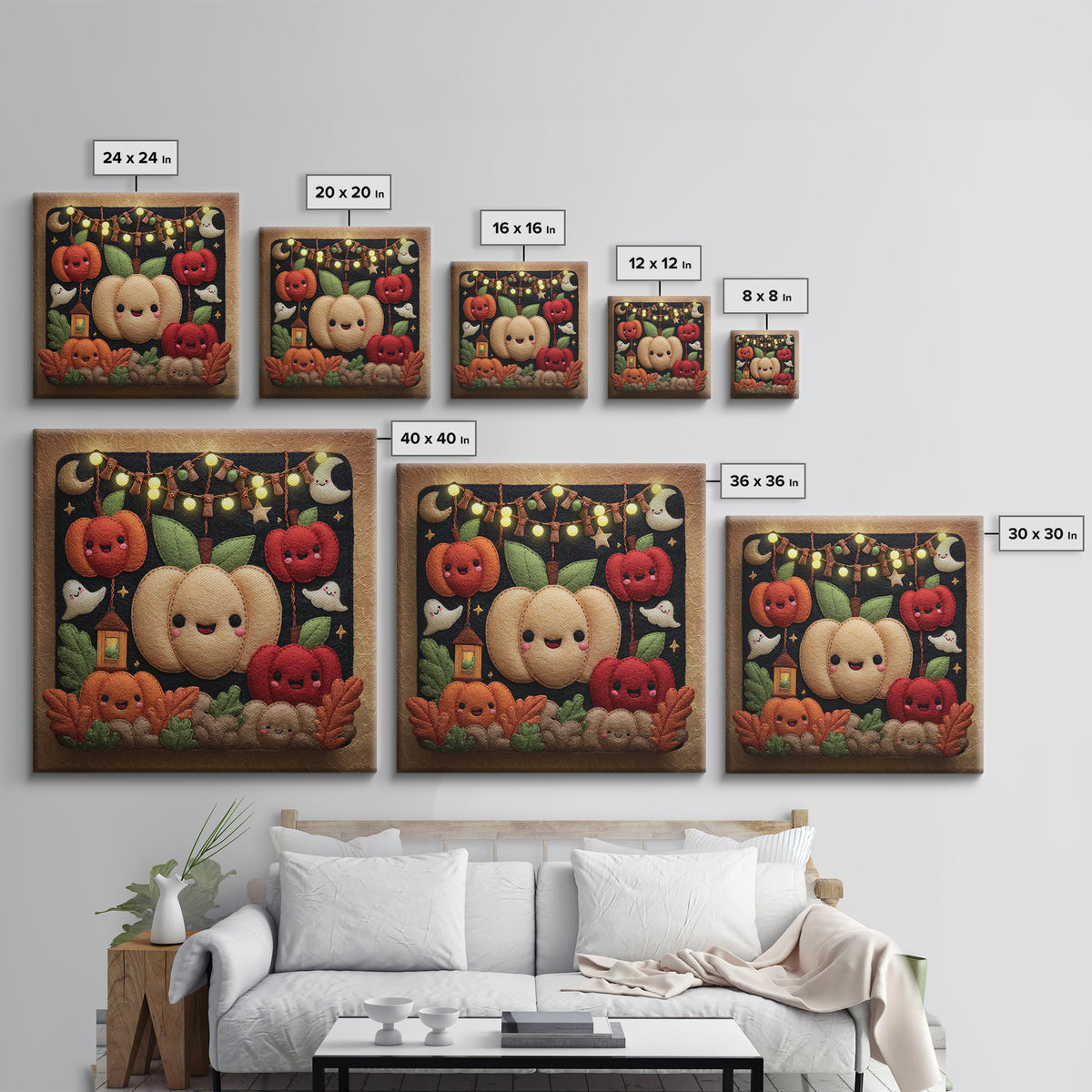 The Candy Apple Dance, Felt Halloween Art, Square Wall Art, Canvas Print, Cute Halloween Wall Art, Halloween Kids Decor