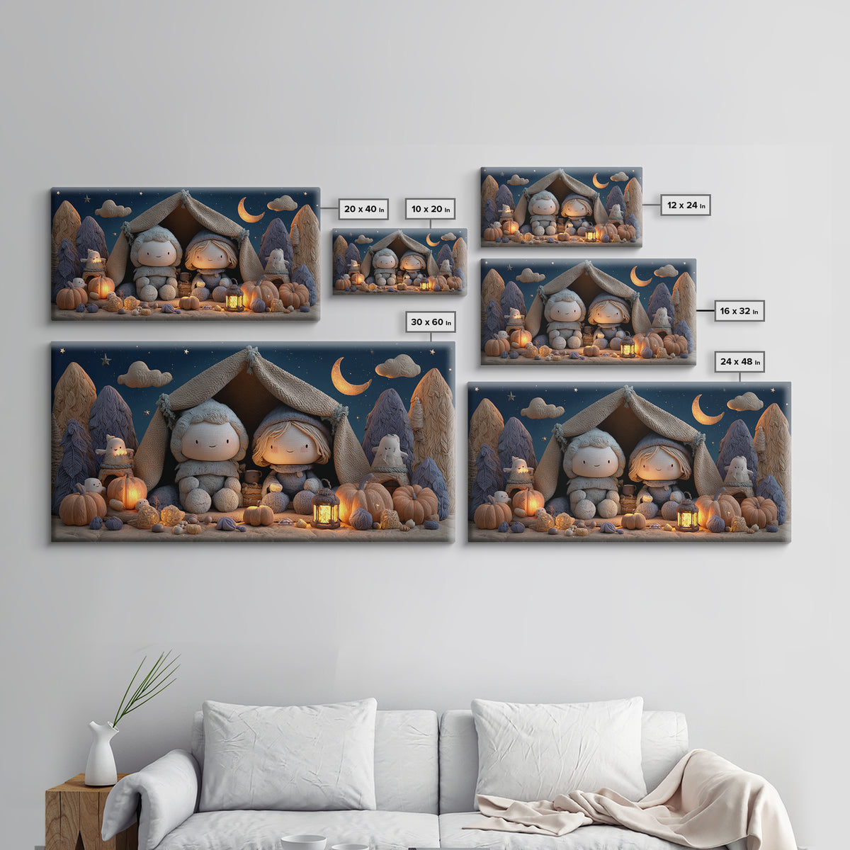The Halloween Sleepover, Clay Halloween Art, Wide Panoramic Art, Framed Canvas Print, Cute Halloween Wall Art