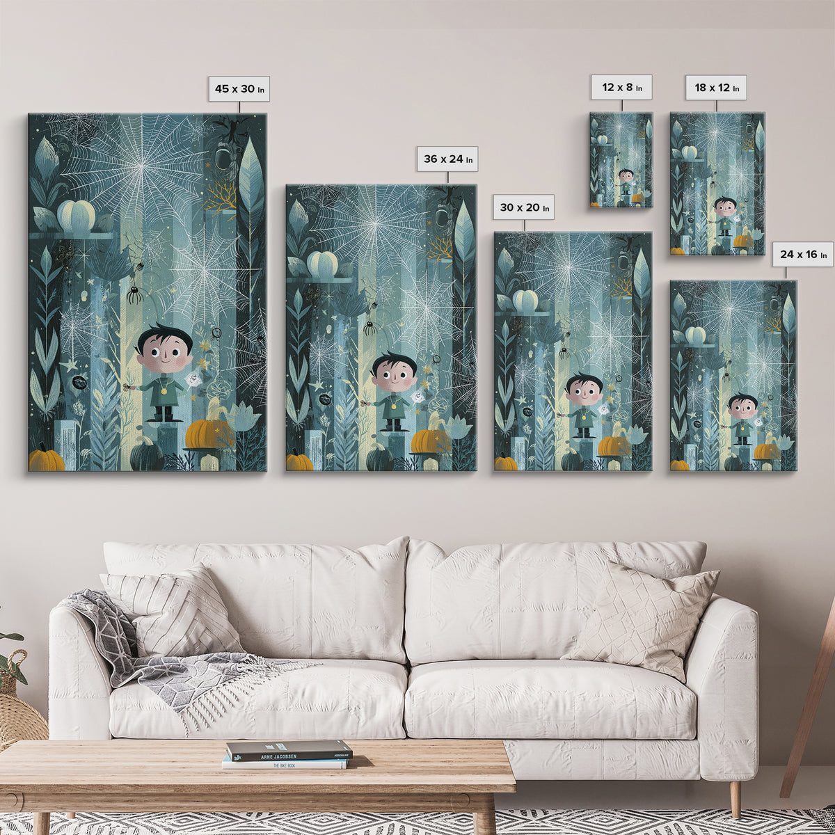 The Great Cobweb Knitting Contest, Retro Halloween Art, Vertical Wall Art, Canvas Print, Cute Halloween Wall Art