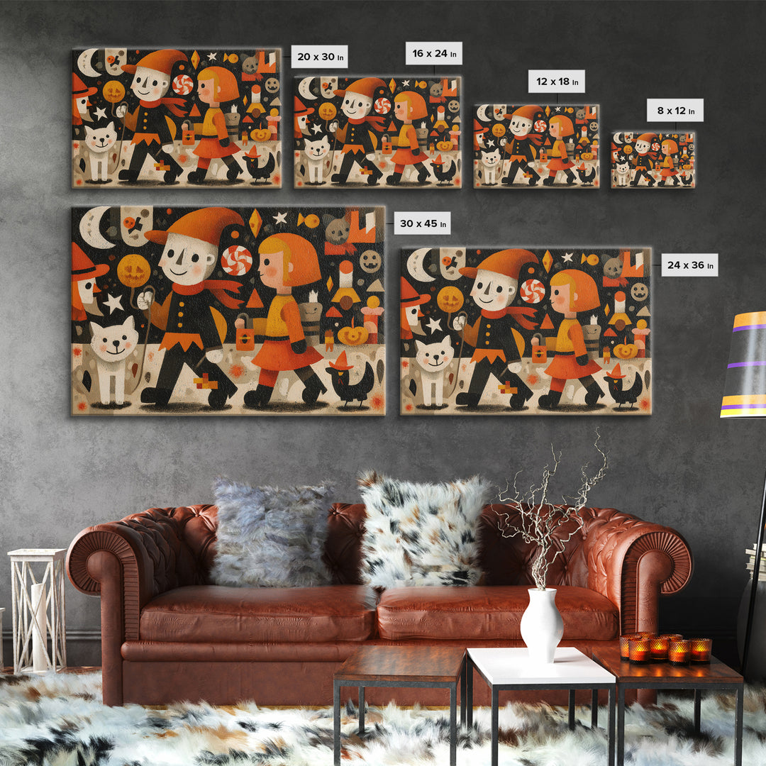 The Halloween Pet Parade, Screenprint Halloween Art, Landscape Wall Art, Framed Canvas Print, Cute Halloween Wall Art