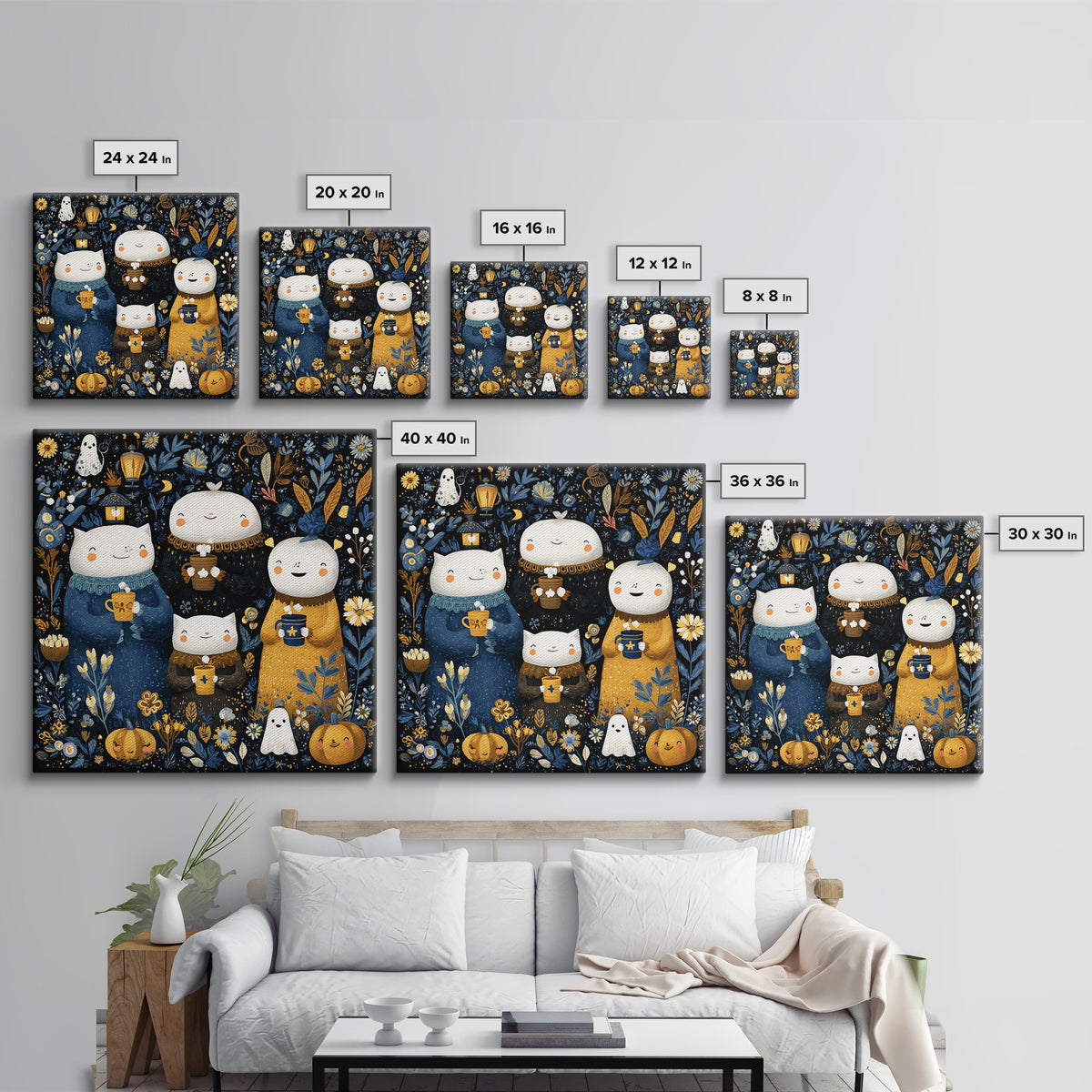 The Midnight Cocoa Party, Folk Halloween Art, Square Wall Art, Canvas Print, Cute Halloween Wall Art