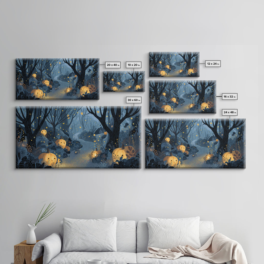 The Firefly Lantern Forest, Linocut Halloween Art, Wide Panoramic Art, Framed Canvas Print, Cute Halloween Wall Art
