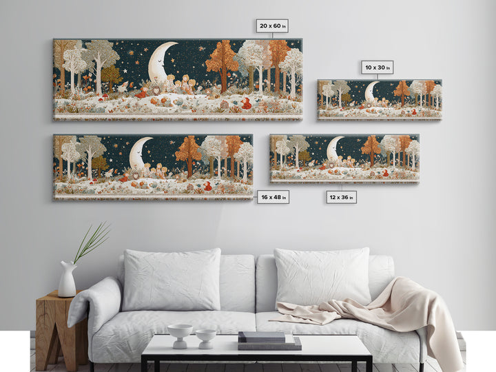The Smiling Moon Meadow, Embroidered Halloween Art, Extra Wide Wall Art, Canvas Print, Cute Halloween Wall Art