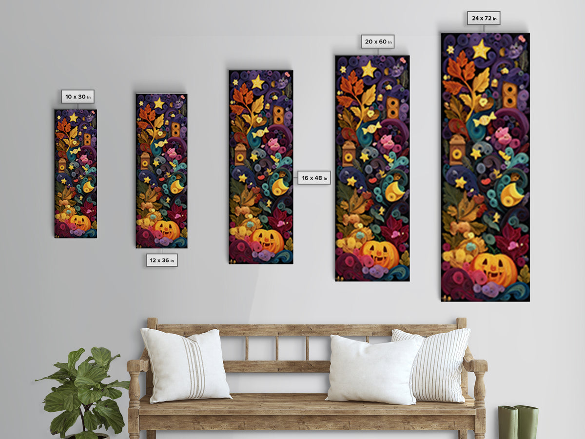 The Dancing Autumn Leaves, Quilled Halloween Art, Tall Narrow Wall Art, Framed Canvas Print, Cute Halloween Wall Art