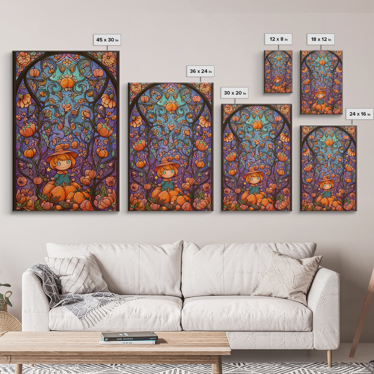 The Pumpkin Flower Garden, Stained Glass Halloween, Vertical Wall Art, Canvas Print, Cute Halloween Wall Art
