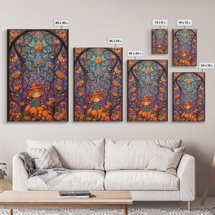 The Pumpkin Flower Garden, Stained Glass Halloween, Vertical Wall Art, Canvas Print, Cute Halloween Wall Art
