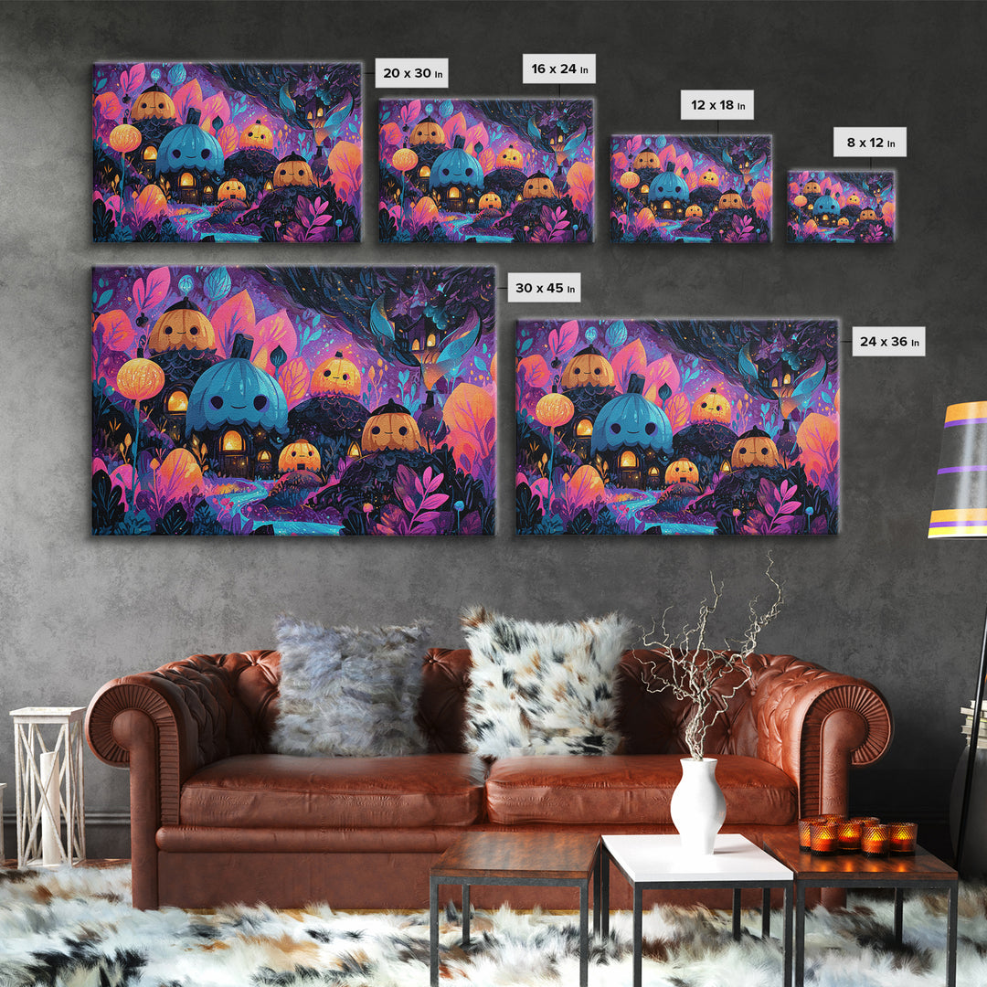 The Moonlit Acorn Village, Vaporwave Halloween Art, Landscape Wall Art, Framed Canvas Print, Cute Halloween Wall Art