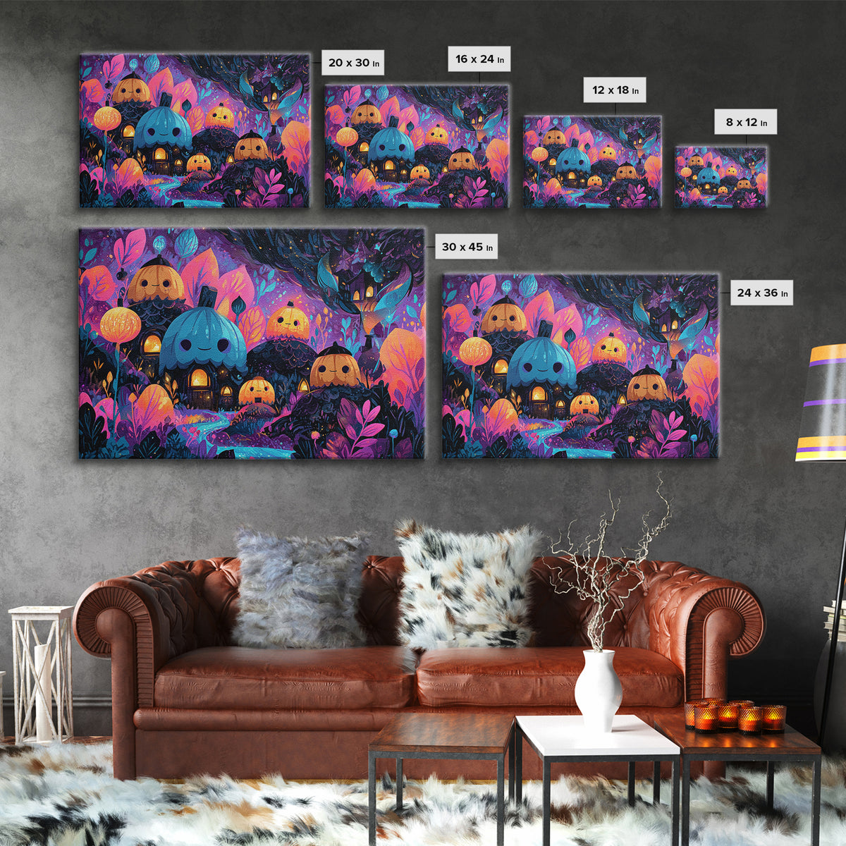 The Moonlit Acorn Village, Vaporwave Halloween Art, Landscape Wall Art, Framed Canvas Print, Cute Halloween Wall Art