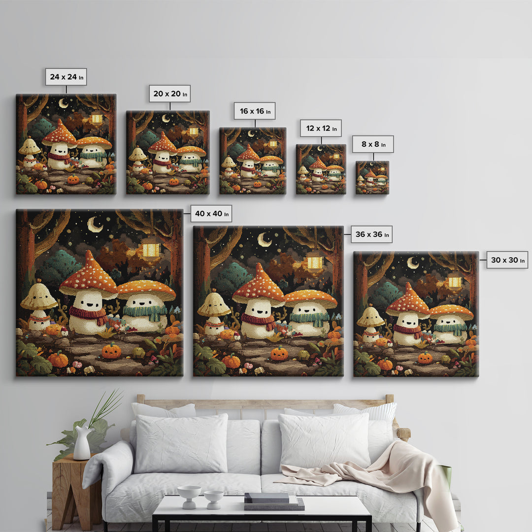 The Friendly Mushroom Forest, Pixel Halloween Art, Square Wall Art, Canvas Print, Cute Halloween Wall Art