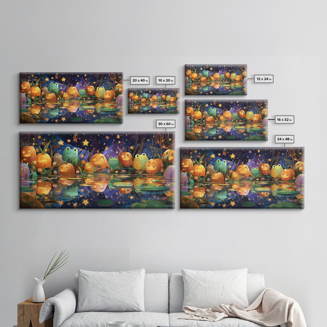 The Star-Filled Pumpkin Pond, Vector Halloween Art, Wide Panoramic Art, Framed Canvas Print, Cute Halloween Wall Art