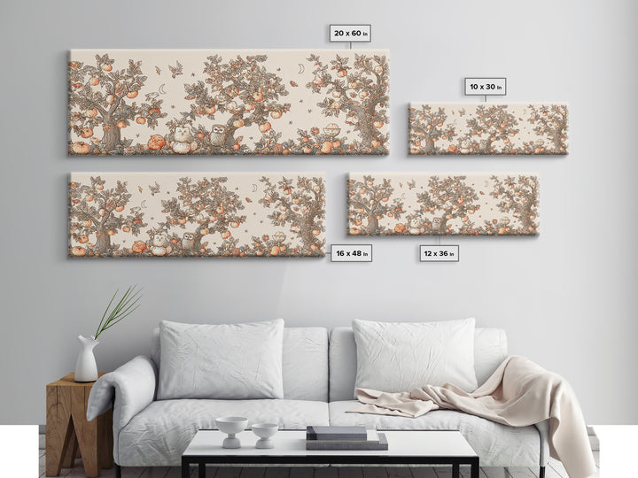 The Sleepy Owl Orchard, Hand Sketch Halloween Art, Extra Wide Wall Art, Canvas Print, Cute Halloween Wall Art