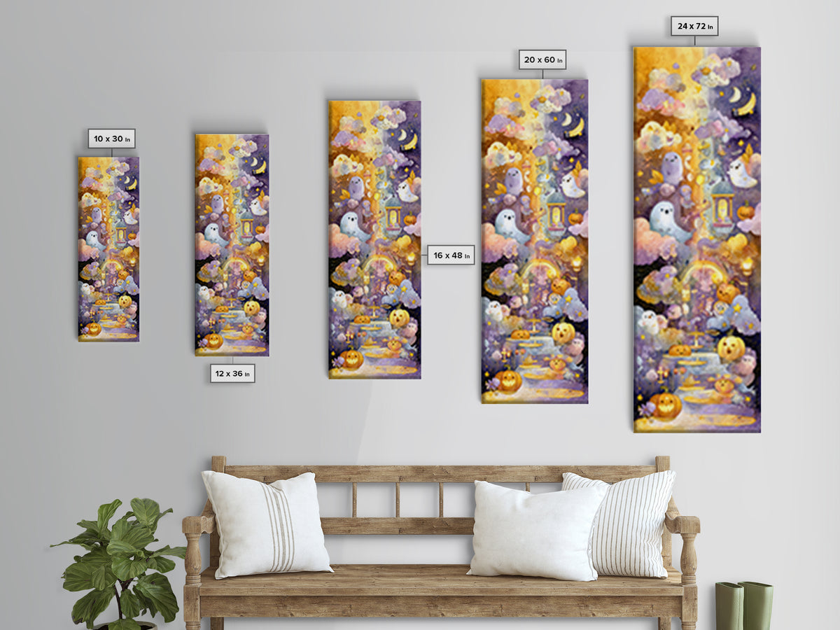 The Rainbow After The Halloween Rain, Watercolor Halloween Art, Tall Narrow Wall Art, Framed Canvas Print, Cute Halloween Wall Art