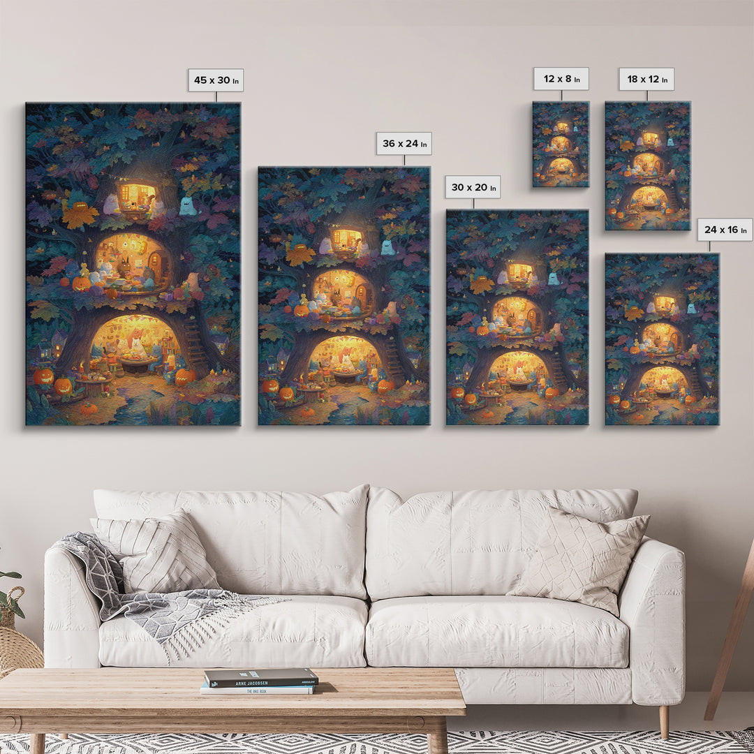 The Cozy Hollow Tree, Gouache Halloween Art, Vertical Wall Art, Canvas Print, Cute Halloween Wall Art