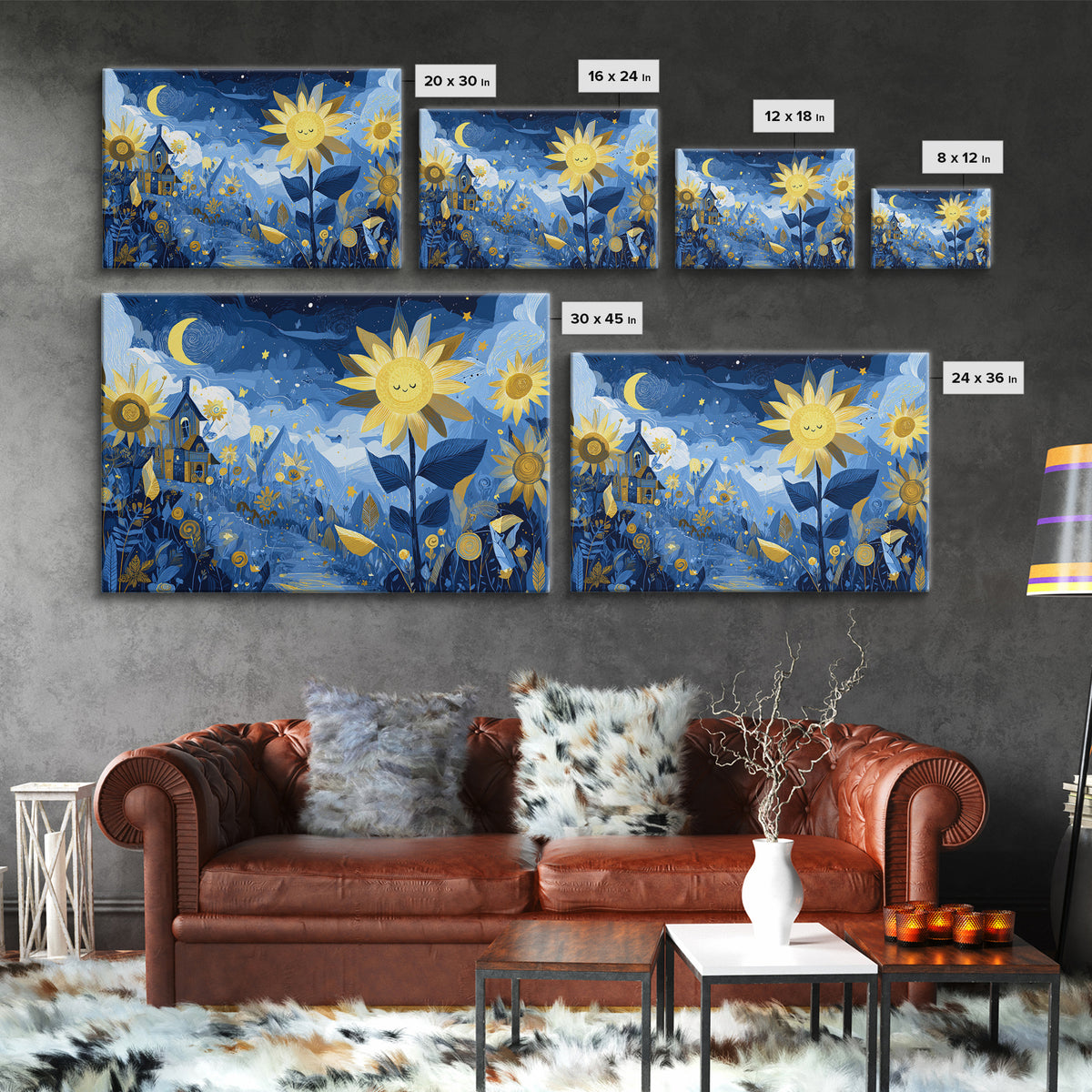 The Singing Sunflowers At Midnight, Crayon Halloween Art, Landscape Wall Art, Framed Canvas Print, Cute Halloween Wall Art