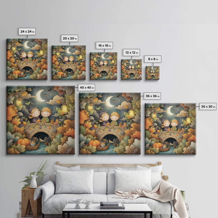 The Autumn Fairy Bridge, Pastel Halloween Art, Square Wall Art, Canvas Print, Cute Halloween Wall Art