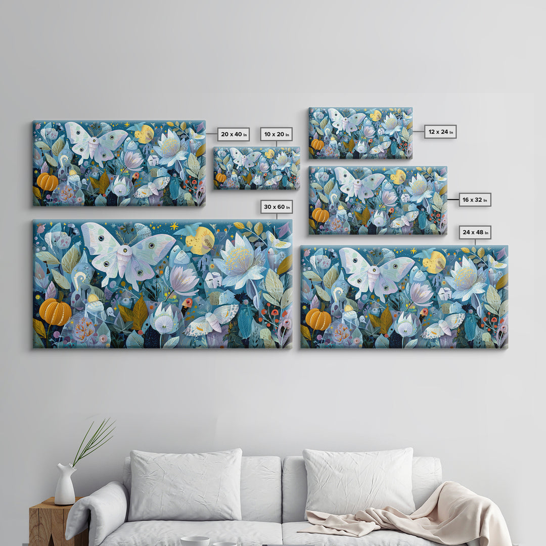 The Moon-Moth Garden, Paper Collage Halloween, Wide Panoramic Art, Framed Canvas Print, Cute Halloween Wall Art