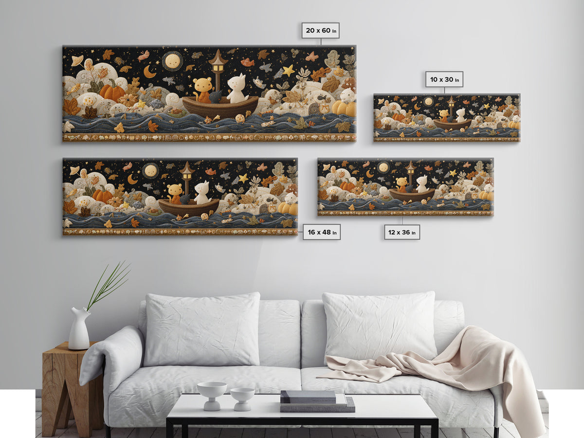 The Golden Leaf River, Felt Halloween Art, Extra Wide Wall Art, Canvas Print, Cute Halloween Wall Art