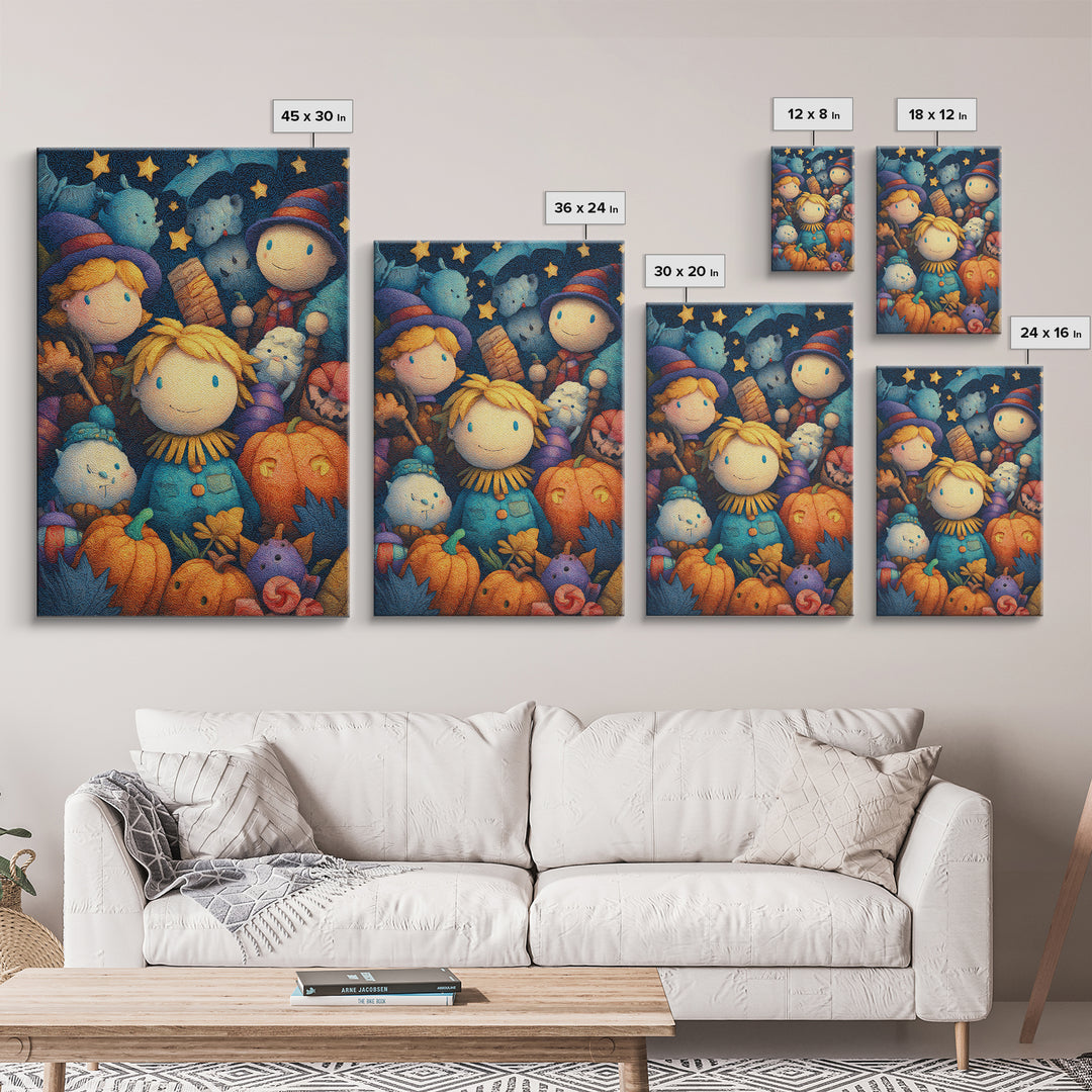 The Starry Cornfield Maze, Plush Halloween Art, Vertical Wall Art, Canvas Print, Cute Halloween Wall Art