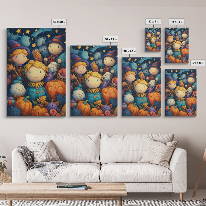 The Starry Cornfield Maze, Plush Halloween Art, Vertical Wall Art, Canvas Print, Cute Halloween Wall Art