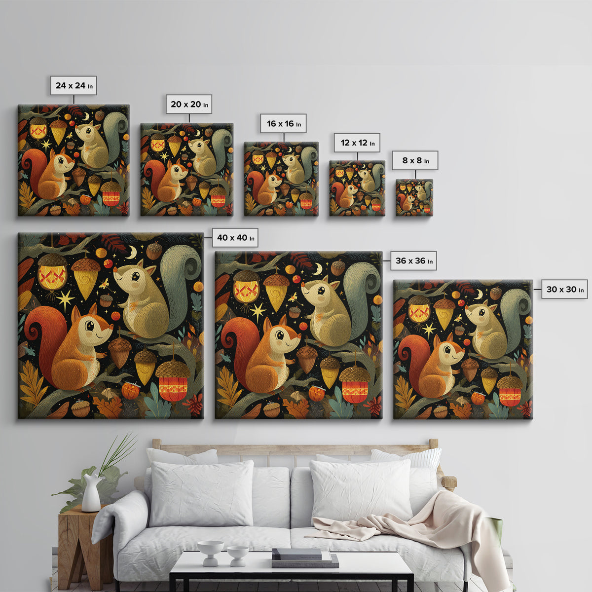 The Acorn Lantern Festival, Retro Halloween Art, Square Wall Art, Canvas Print, Cute Halloween Wall Art