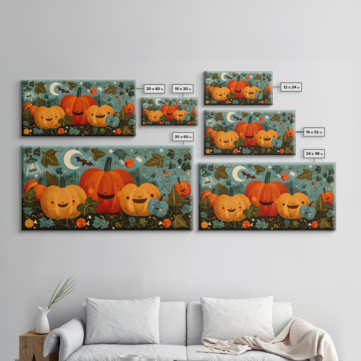 The Singing Pumpkin Patch, Screenprint Halloween Art, Wide Panoramic Art, Framed Canvas Print, Cute Halloween Wall Art