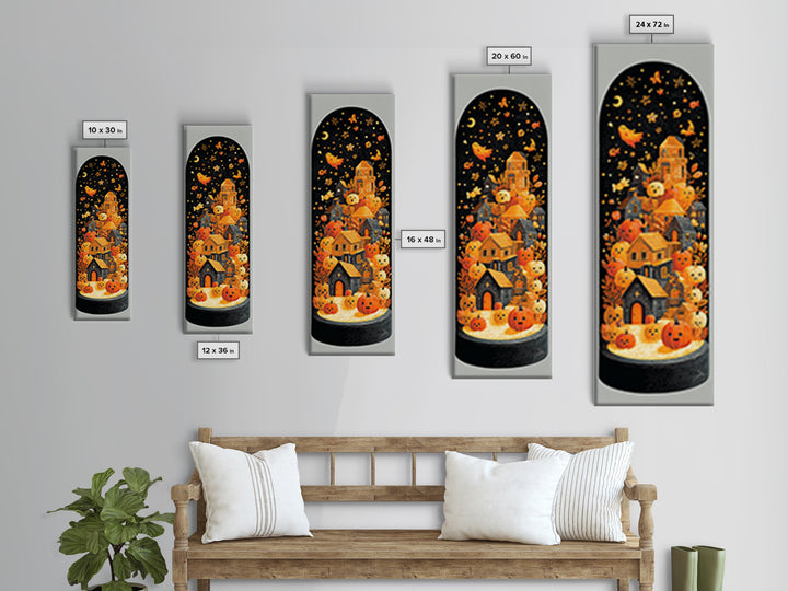 Halloween Inside A Snow Globe, Linocut Halloween Art, Tall Narrow Wall Art, Framed Canvas Print, Cute Halloween Wall Art