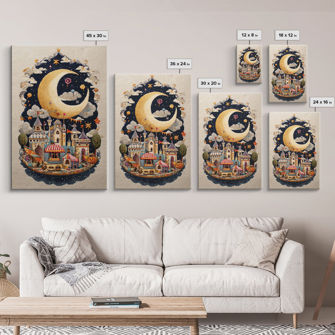 The Tiny Moon Carnival, Embroidered Halloween Art, Vertical Wall Art, Canvas Print, Cute Halloween Wall Art