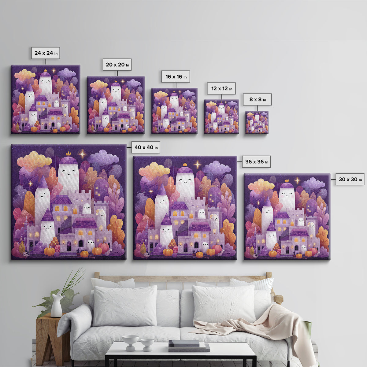 The Halloween Cloud Castle, Stained Glass Halloween, Square Wall Art, Canvas Print, Cute Halloween Wall Art