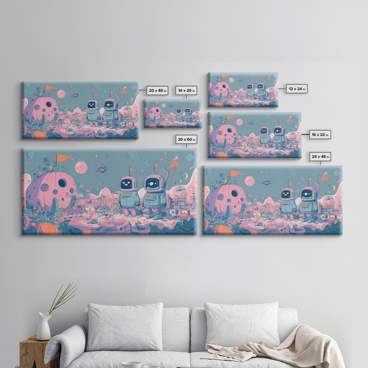The Pumpkin Moon Expedition, Vaporwave Halloween Art, Wide Panoramic Art, Framed Canvas Print, Cute Halloween Wall Art