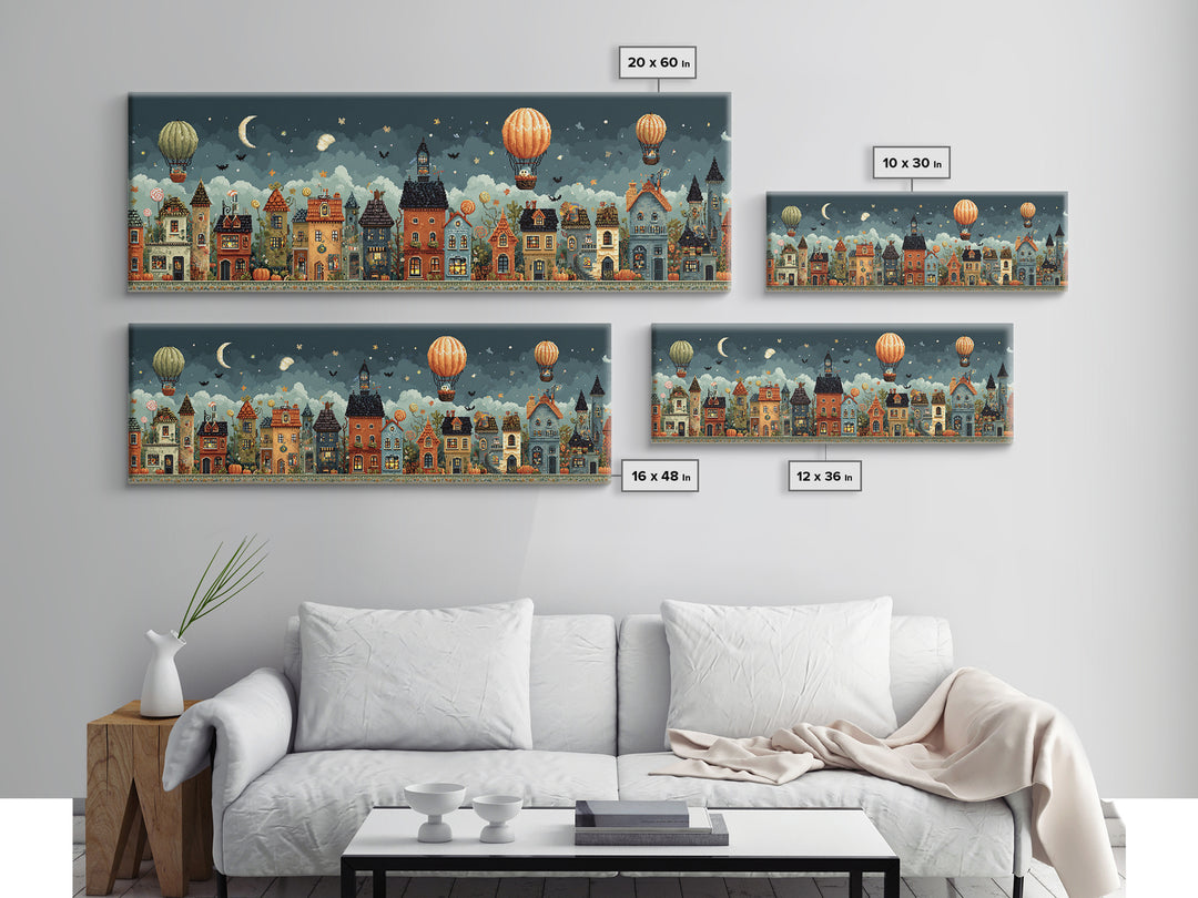 The Ghost Balloon City, Pixel Halloween Art, Extra Wide Wall Art, Canvas Print, Cute Halloween Wall Art