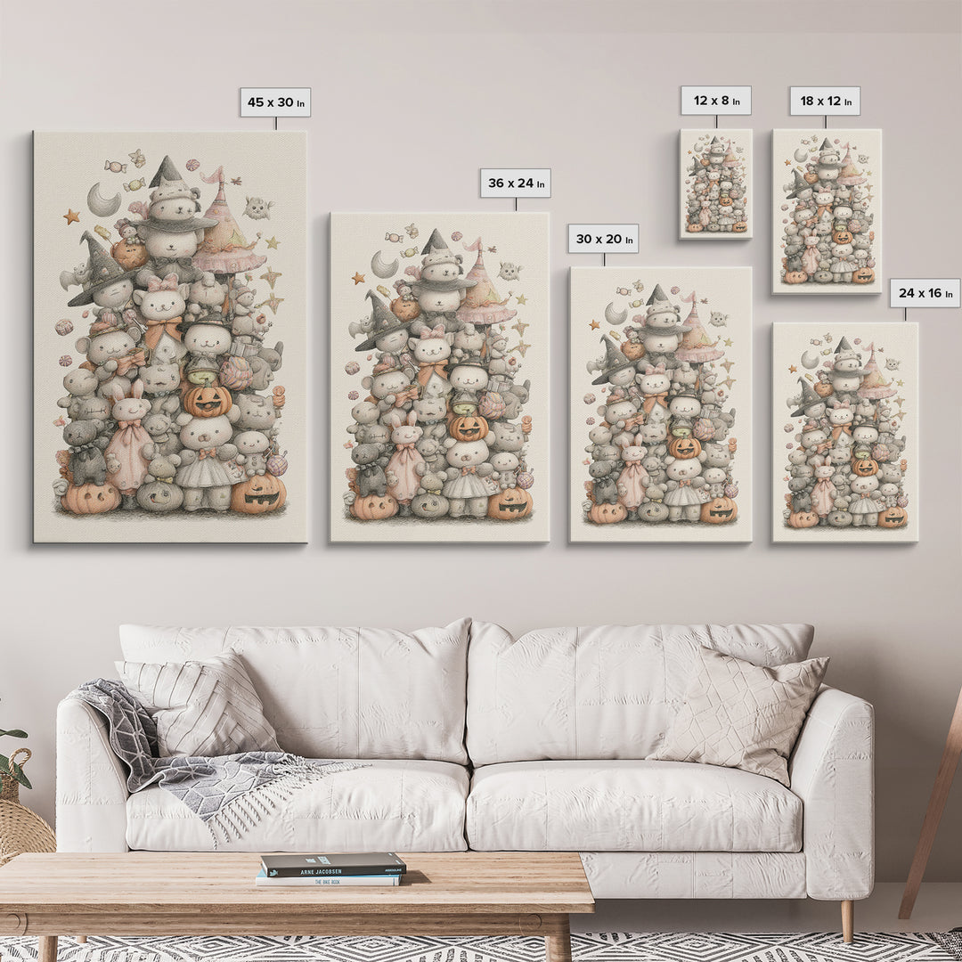 The Halloween Toy Kingdom, Hand Sketch Halloween Art, Vertical Wall Art, Canvas Print, Cute Halloween Wall Art