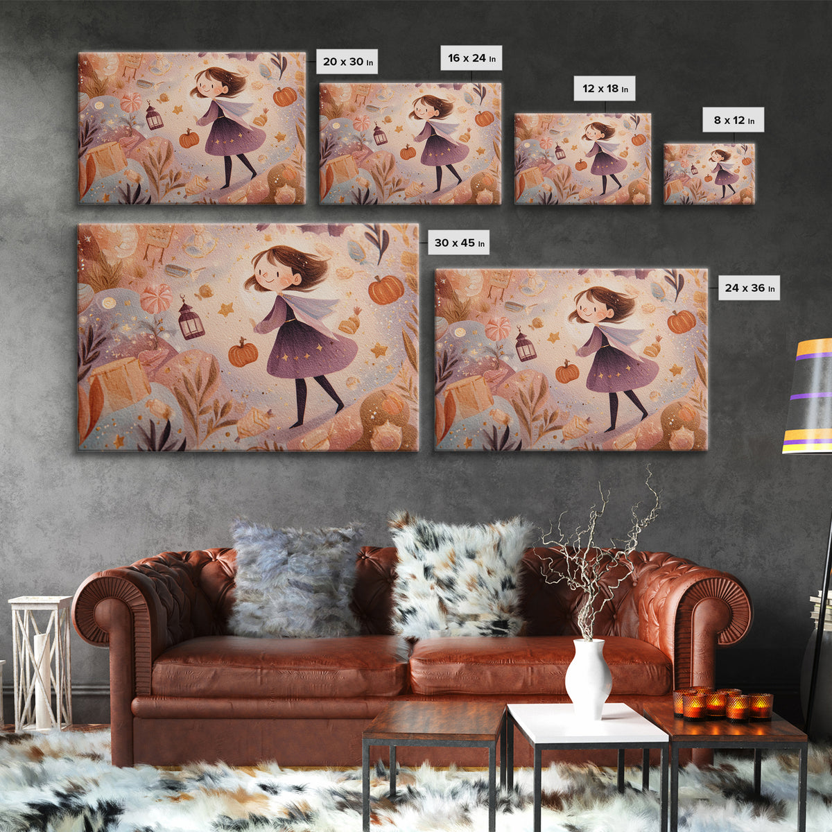 The Magical Costume Workshop, Watercolor Halloween Art, Landscape Wall Art, Framed Canvas Print, Cute Halloween Wall Art